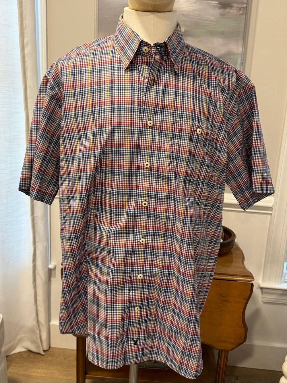 Men's Short-Sleeve Plaid Button-Down Shirt - Multicolor 100% Cotton.